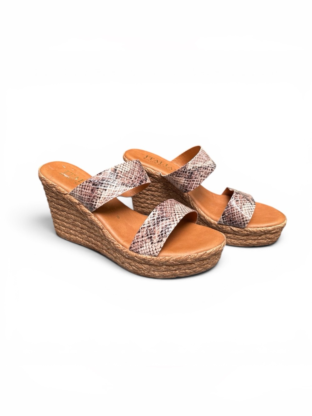 Italian Shoemakers Tan and Snake-Print Wedge Espadrille Sandals